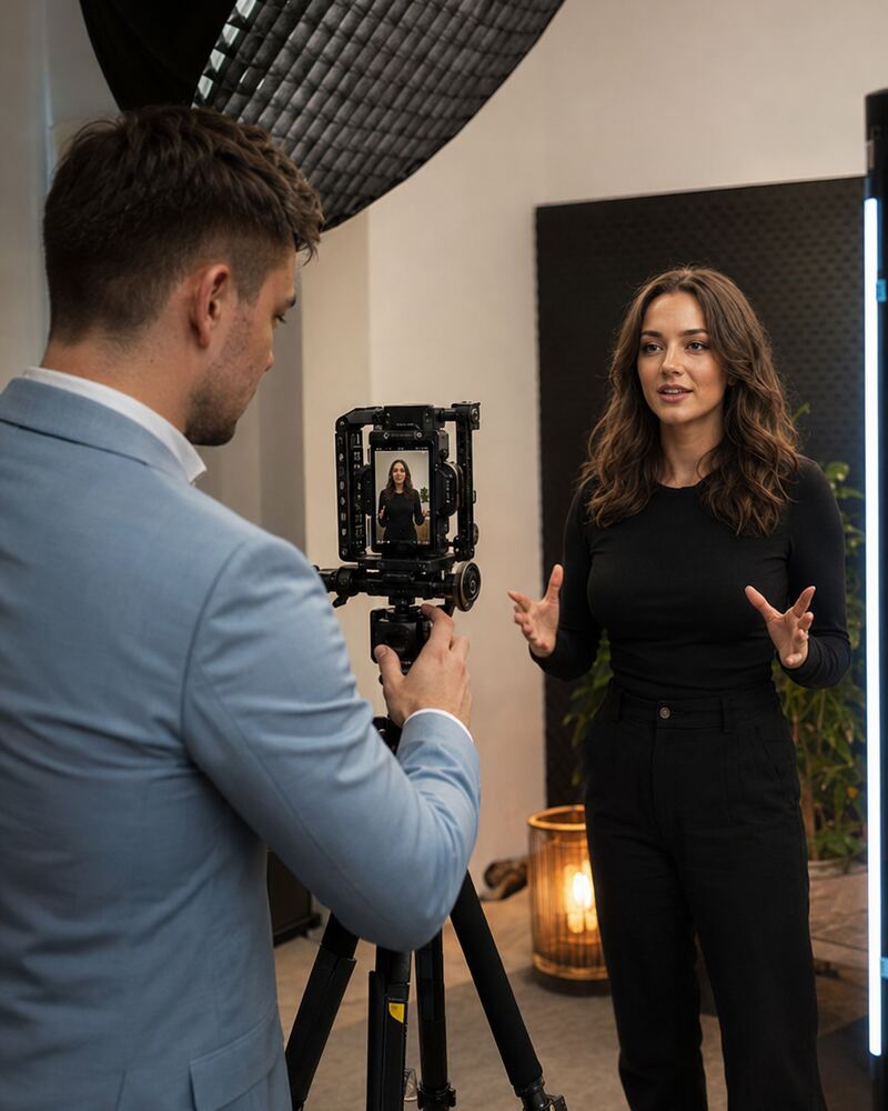 Dreh im Studio: Kamera auf Stativ, eine Sprecherin vor der Softbox